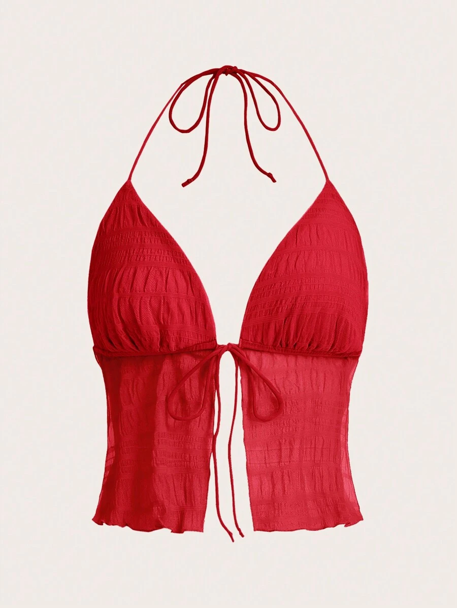 SHEIN ICON Tie Backless Mesh Halter Top - Red - View 1