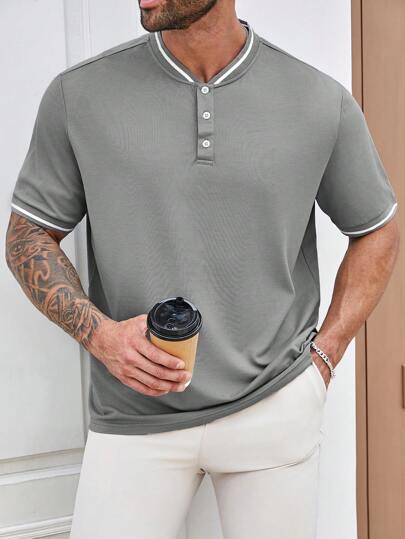Manfinity Homme Men's Plus Size Casual Color Block Short Sleeve Half Button Polo Shirt With Contrast Trim, Summer, Going Out