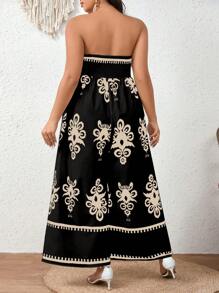 SHEIN Clasi 大碼女士花卉印花寬腿休閒連身褲，度假風格 - 黑色 - 查看 2