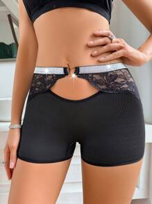 Women's Heart-Shaped Accessory Silver Ribbon Lace Joint Hollow Out Square Pants - Black - View 6