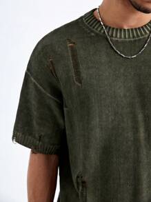 PAVTROS Áo len đan trễ vai nam rách cho mùa hè - xanh quân đội - Xem 3