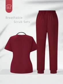 SHEIN TaskFit 勃艮第红色纯色 V 领短袖上衣和卷边长裤制服套装、手术服套装 - 酒紅色 - 查看 2