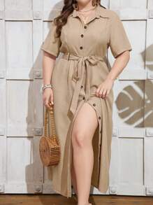 SHEIN LUNE Plus Size Solid Color Resort Style Front Button Maxi Shirt Dress For Leisure