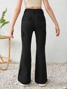 Quần jeans cargo cạp cao, túi nắp, ống loe bên hông, phong cách Y2K dành cho bé gái tuổi teen, thích hợp mặc đi xem hòa nhạc mùa hè. - màu đen - Xem 2