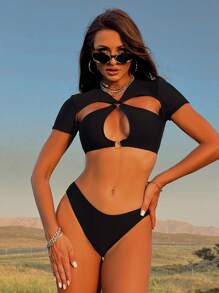 Swim EVENT Nữ Màu Trơn Cutout Vòng Liên Kết Tay Ngắn Bikini Gợi Cảm Bộ Đương Đại Bộ Bikini Đi Biển Mùa Hè - màu đen - Xem 4