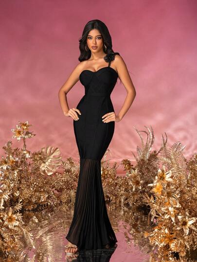 Vestido feminino de um ombro com decoração de flores 3D e pregas, vestido de festa sereia, coquetel, baile de formatura