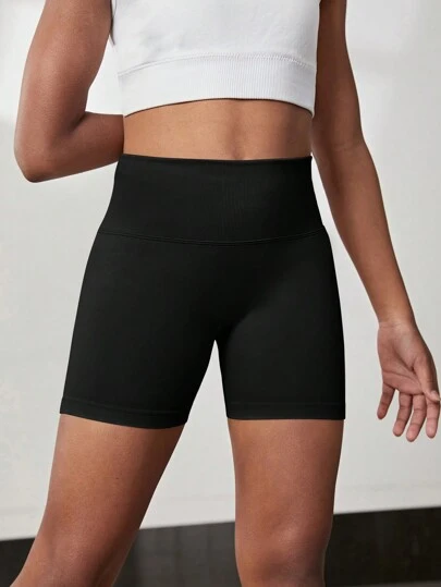 Sparklyn Tween flickors sommarcykelshorts med brett midjeband, sömlösa svarta sportyoga-shorts med åtsittande passform och hög stretch, allsidiga