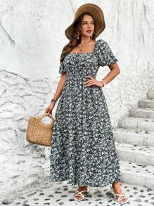 SHEIN VCAY Plus Size Vacation Style Long Floral Dress With Bubble Sleeves And Cinched Waist - Black - View 4