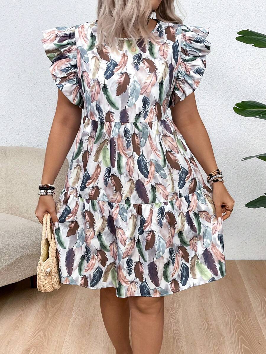 SHEIN VCAY Plus Size Vacation Round Neck Cap Sleeve Puff Feather Printed Dress - Green - View 1