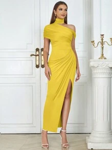 Retro Sexy Simple Off-The-Shoulder Slim Dress Woman - Yellow - View 1