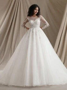 Ball Gown Wedding Dress Elegant Long Sleeve Bridal Dress,Bride - Beige - View 6