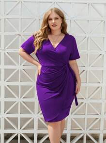 Plus Ladies' Cross V-Neck Short Sleeve Stretchy Slim Fit Pencil Dress For Work, Commute, And Parties - Purple - View 5