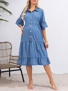 SHEIN Maternity Casual-Fit Denim Dress With Ruffle Hem And Layered Design, Blue - Blue - View 3