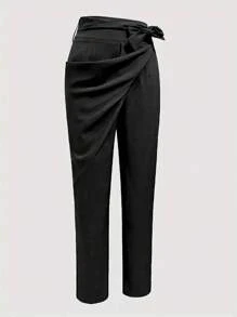 High Waist Wrap Hem Pants - Black - View 3