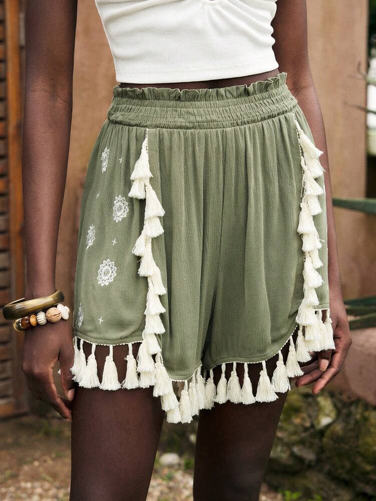 SHEIN Maija Olive Green Cruise Travel Women's Casual Wide Leg Shorts With Waist Splice & Fringe Trim
