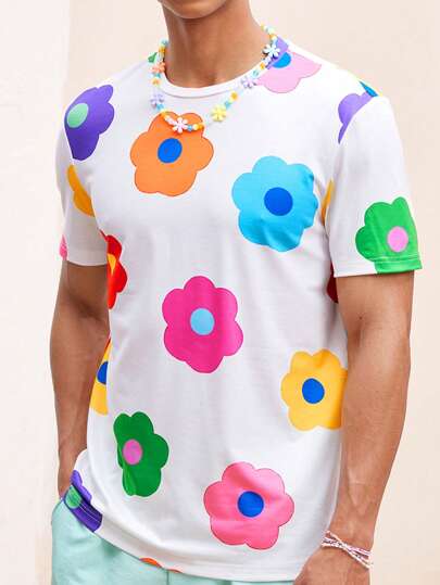 Manfinity VCAY 1pc Father's Day Men Beachwear Floral Patterned Hawaiian Short Sleeve T-Shirt Knit Casual Surfing Beach For Summer Vacation