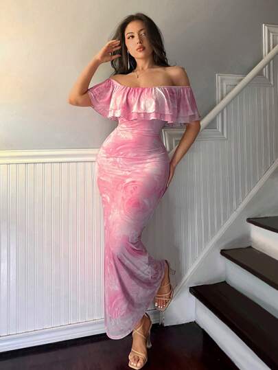 Firerie Women's Holiday Designer Ditsy Floral Dress, Tie Dye Effect, Ruffle Hem, Flattering Silhouette, Sweet & Chic Style, Perfect For Beach Vacation, Maxi Length,Vacation, Homecoming Season, Daily Commuting, Beach Women's Clothing,Wedding ,Beer Festival