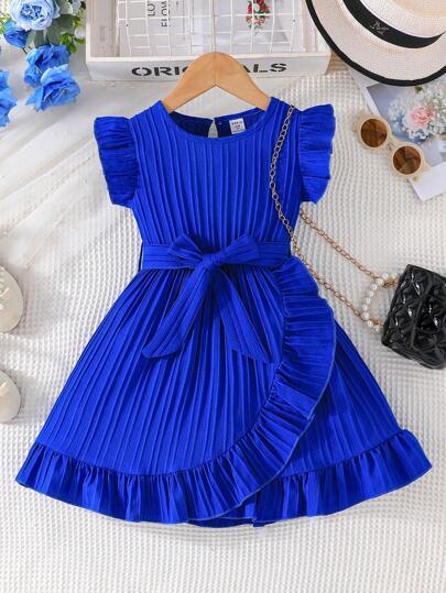 SHEIN Elladie kids Young Girl Comfortable Casual Ruffle Hem Dress With Accessories Belt, Summer Royal Blue Dress For Young Girl Summer Holiday