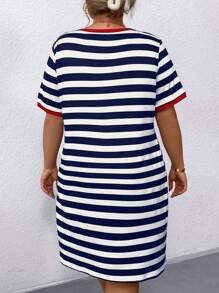 Plus Size Short Sleeve Color Block Striped Dress With Notched Neckline And Contrast Trim, Summer - Navy Blue - View 2
