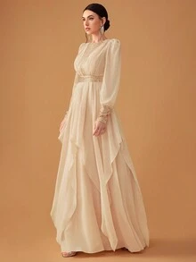 YISIKADO Women's Elegant Chiffon Sequined Lantern Sleeve Party Dress Long Sleeve Formal Evening Prom Wedding Guest Gown, For Graduation, Dinner - Champagne - View 2