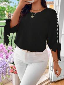 EMERY ROSE Blusa elegante y casual de mujer talla grande, de tejido sólido, con hombros descubiertos y lazo de perlas - Negro - Ver 4