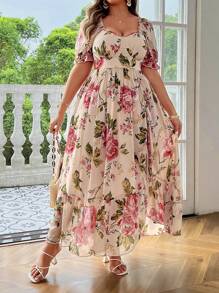 SHEIN Clasi Plus Size Vintage Printed Sweetheart Neck Dress With Ruffle Trim Maxi Women Outfit For Summer - Multicolor - View 4
