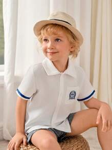 SHEIN 2pcs/Set Young Bov Gentlemen's Short Sleeve Shirt + Shorts Set, College Style Summer Outfit - Multicolor - View 3