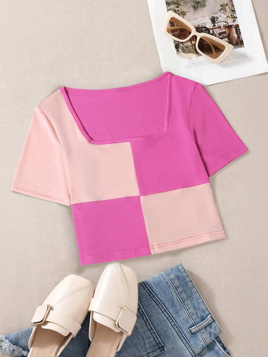 INAWLY 女士夏季短袖彩色拼接甜心領短款上衣T恤