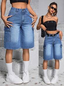 SHEIN PETITE 夏季休閒寬腳牛仔短褲，設有實用細節