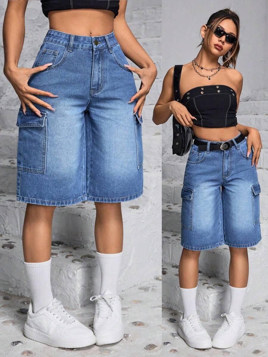 SHEIN PETITE 夏季休閒寬腳牛仔短褲，設有實用細節