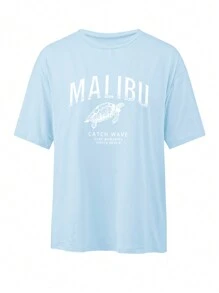 INAWLY Letter Graphic Drop Shoulder Tee Graphic Tees Women Tops - Baby Blue - View 4