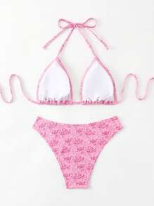Swim Mod Ladies Stylish Summer Beach Random Print Split Bikini Swimwear - Multicolor - View 2