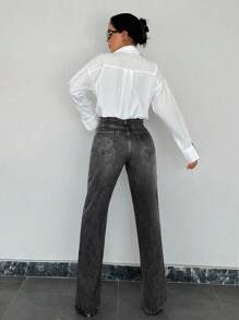 EURMUSE 100%Cotton Ladies' Solid Color Denim Pants With Slit Hem - Black - View 2