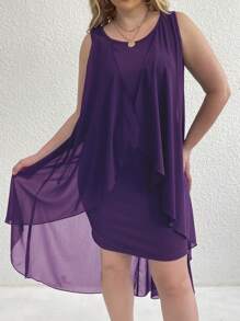 SHEIN Clasi Plus Size Women's Simple Everyday Sleeveless Mesh Dress - Purple - View 4