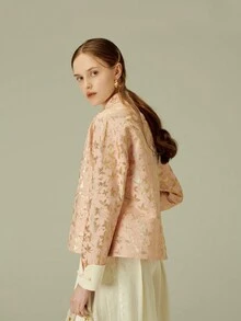 女式春秋优雅新中国风金色提花撞色长袖夹克 - 粉色 - 查看 3