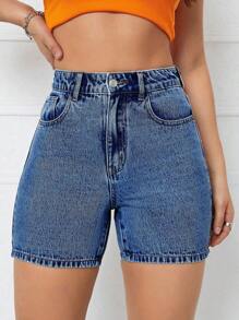 SHEIN Privé 女性休閒修身牛仔短褲，帶口袋 - 中等水洗藍 - 查看 3