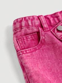 SHEIN Young Girls Y2K Rose Red Fashion Washed High-Waist Slit Hem Straight Leg Jeans,Summer Boho Thin Denim Wide-Leg Pants - Hot Pink - View 3