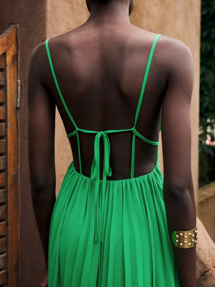 SHEIN Maija 2026 Summer Women's Green Spring/Summer Clothing Summer Women's Vacation Clothing Bohemian Solid Color Women's Beach Clothing Minimalist Spaghetti Strap Pleated Sleeveless Women's Dress   Women Party Top Beach Dress Summer Holiday Outfits Each Vacation Outfits For Women  Summer Outfit For Women Going Out Outfits Graduation Graduation Outfit  Casual Dresses  Casual Blouses For Women