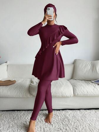 Swim Mulvari Summer Beach Ruffle Trim Full Cover Burkini Swimsuit Arabic Clothing