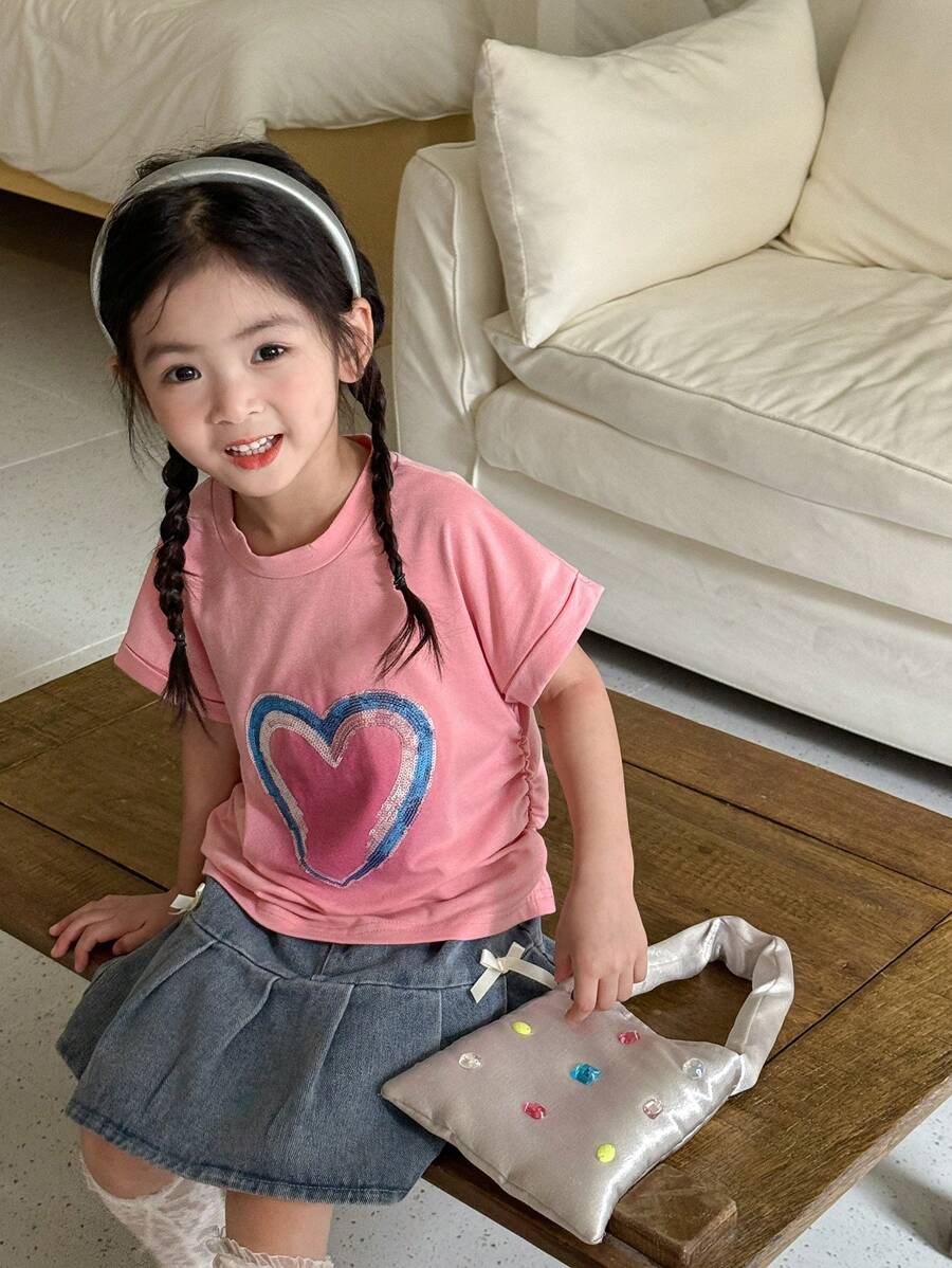 SHEIN 2-teiliges Set für Kleine Mädchen bestehend aus lässigem Herz-Muster Kurzarm T-Shirt und Denim Rock, Sommer Outfit - Verschiedenfarbig - Übersicht 1