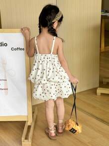 SHEIN Girls' Summer Holiday  Cute Polka Dot Printed Tank Top & Ruffled Lantern Pants Two-Piece Set - Coffee Brown - View 2