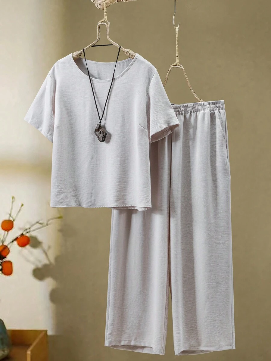 大码纯色短袖衬衫和长裤两件套，度假/休闲装 - 杏色 - 查看 1