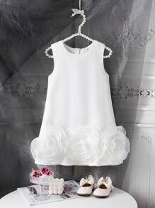 SHEIN Glamorique Kids 1 件年轻女孩花卉蝴蝶结无袖缎面婚礼花童礼服，优雅且适合婚礼、派对、夏季表演，具有大花卉和蝴蝶结细节 - 白色 - 查看 1