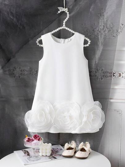 SHEIN Glamorique Kids 1 st Unga flickor blommor rosett ärmlös satin bröllopsblomma flicka klänning, elegant och lämplig för bröllop, fest, uppträdande på sommaren, har stora blommor och rosett detaljer