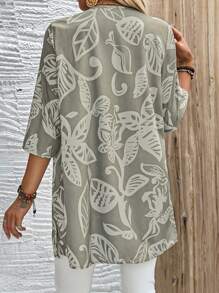SHEIN LUNE 女性休閒寬鬆三分袖夏季植物葉印花日常穿著襯衫上衣 - 彩色 - 查看 2