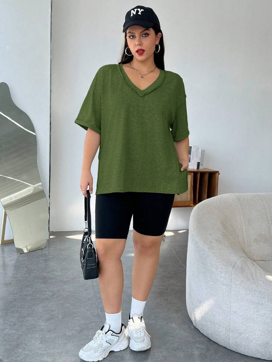 SHEIN EZwear Plus Size Gray Knitted V-Neck Short Sleeve T-Shirt For Women - Army Green - View 1