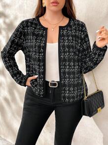 SHEIN PETITE CURVE 大码优雅印花短夹克，撞色边缘，秋冬 - 彩色 - 查看 5