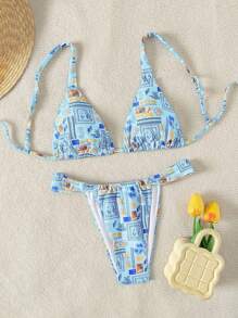 SHEIN Swim Women's Summer Beach Sexy Fruit Printed Bikini Set With Separated Top And Bottom - Blue - View 1