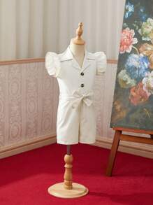 SHEIN 少女時尚純色荷葉袖連身褲,配上腰帶,適用於春夏季節 - 杏色 - 查看 3