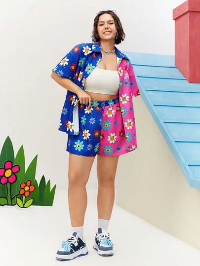 Mr Men Little Miss X SHEIN Plus Size Casual Vacation Dopamine Cute Country Style Summer Pink & Blue Color Block Flower & Printed Loose T-Shirt And Shorts Set